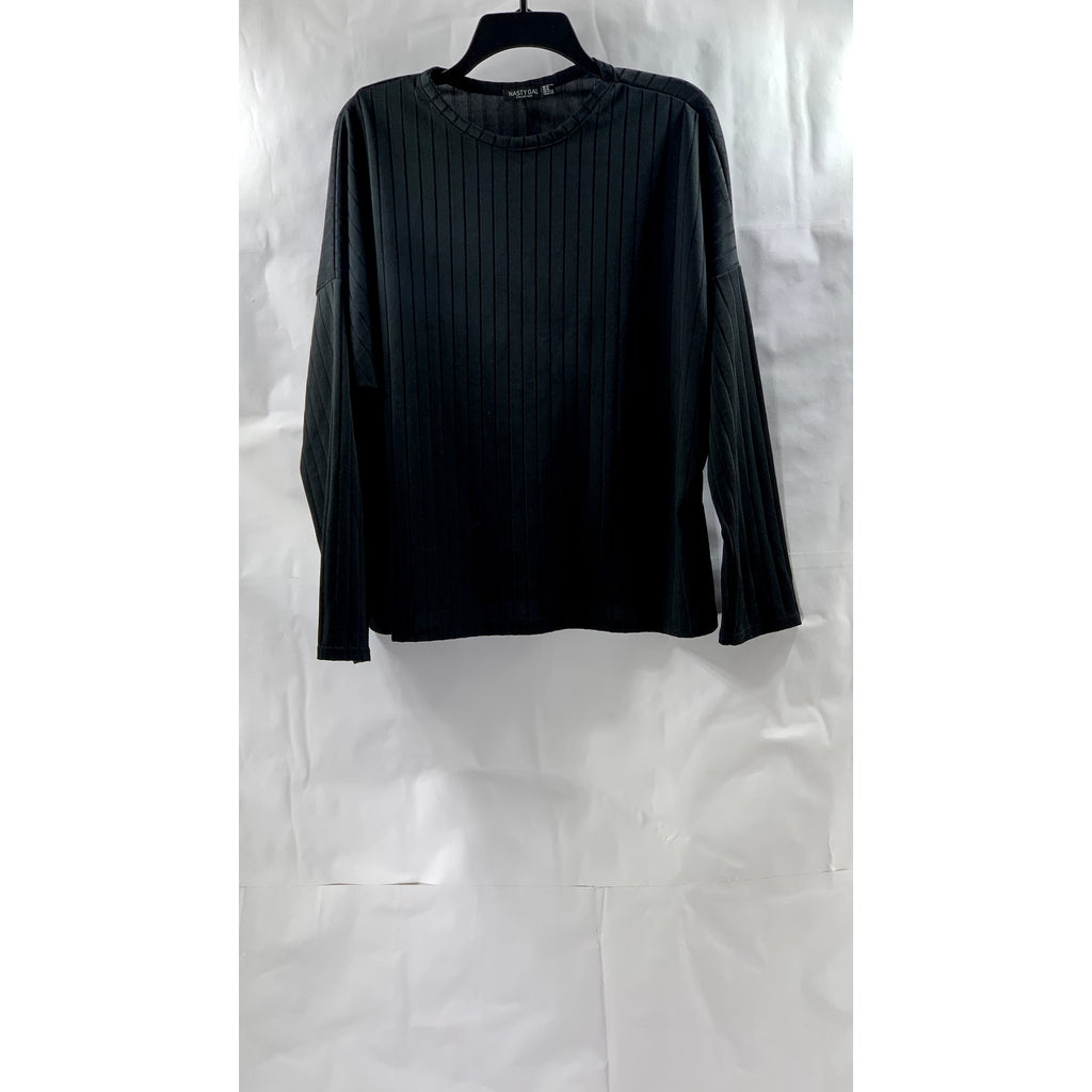 NASTY GAL Collection Women's Black Wide-Rib Crewneck Long Sleeve Top SZ 10