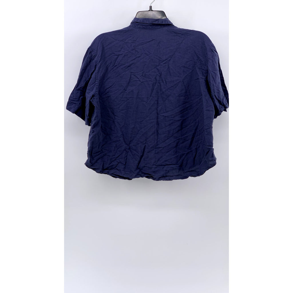 UNIQLO Women's Navy Linen-Blend Button-Up Short Sleeve Open Collar Top SZ S