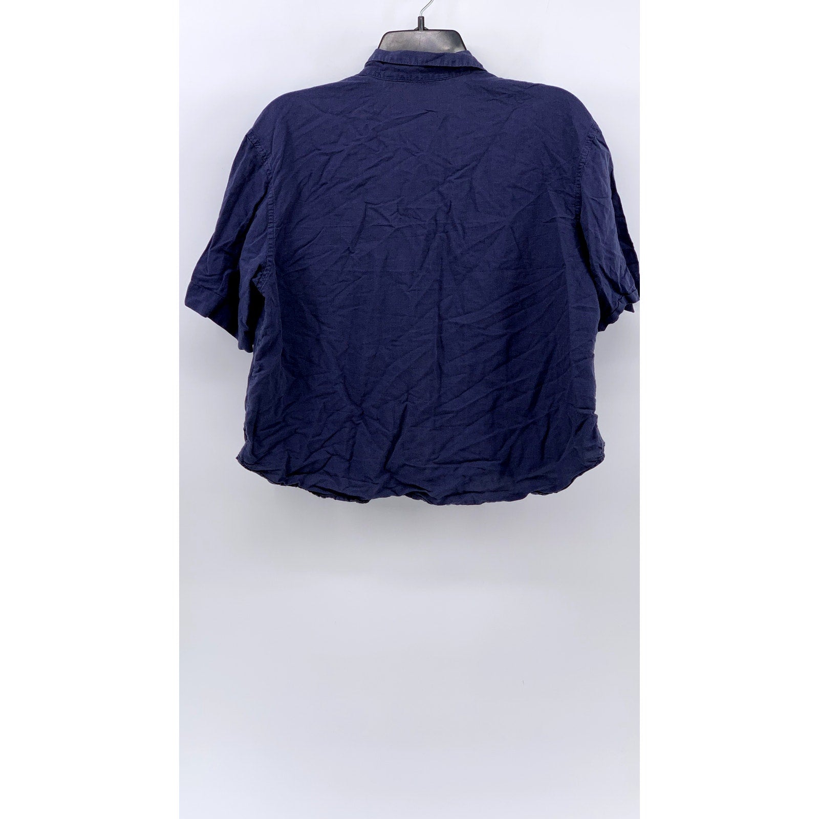 UNIQLO Women's Navy Linen-Blend Button-Up Short Sleeve Open Collar Top SZ S