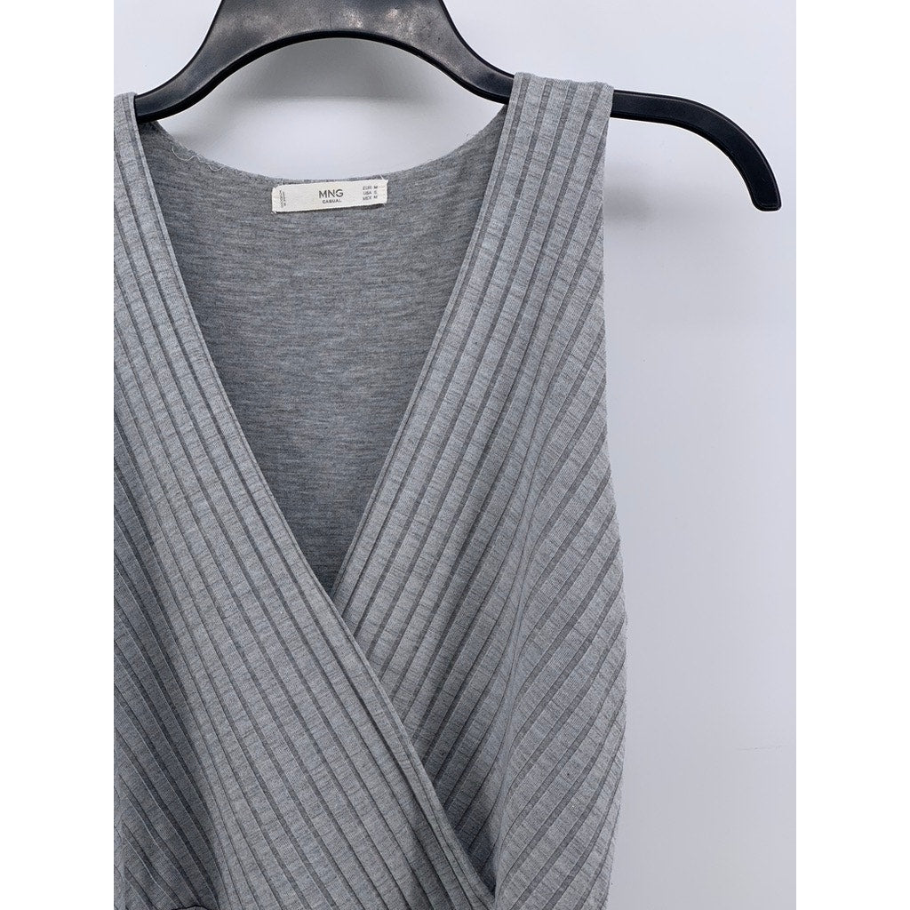 MNG Women's Gray Ribbed V-Neck Sleeveless Belted Jumpsuit SZ S