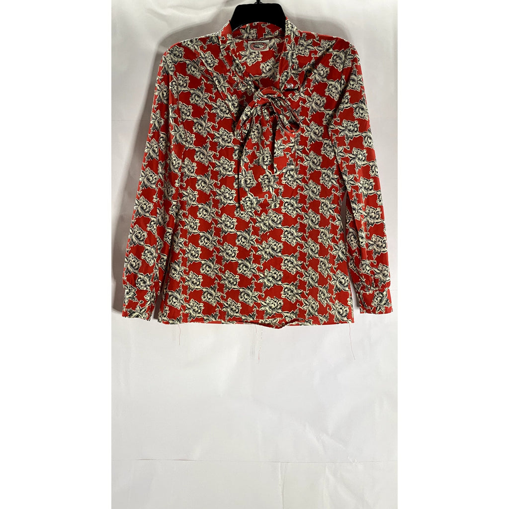 LUCKY WINNER Women's Red Floral Tie-Neck Long Sleeve Top SZ S