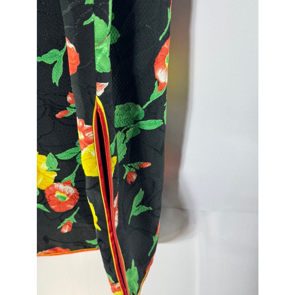 Women's Black Carnation Floral Print Wrap Cheongsam Frog-Closure Dress SZ M
