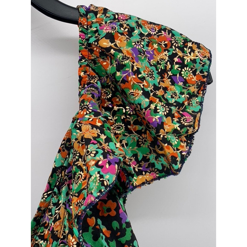 PURPLE QUEEN Women's Green Printed Ruffle Short Sleeve Maxi Dress SZ S