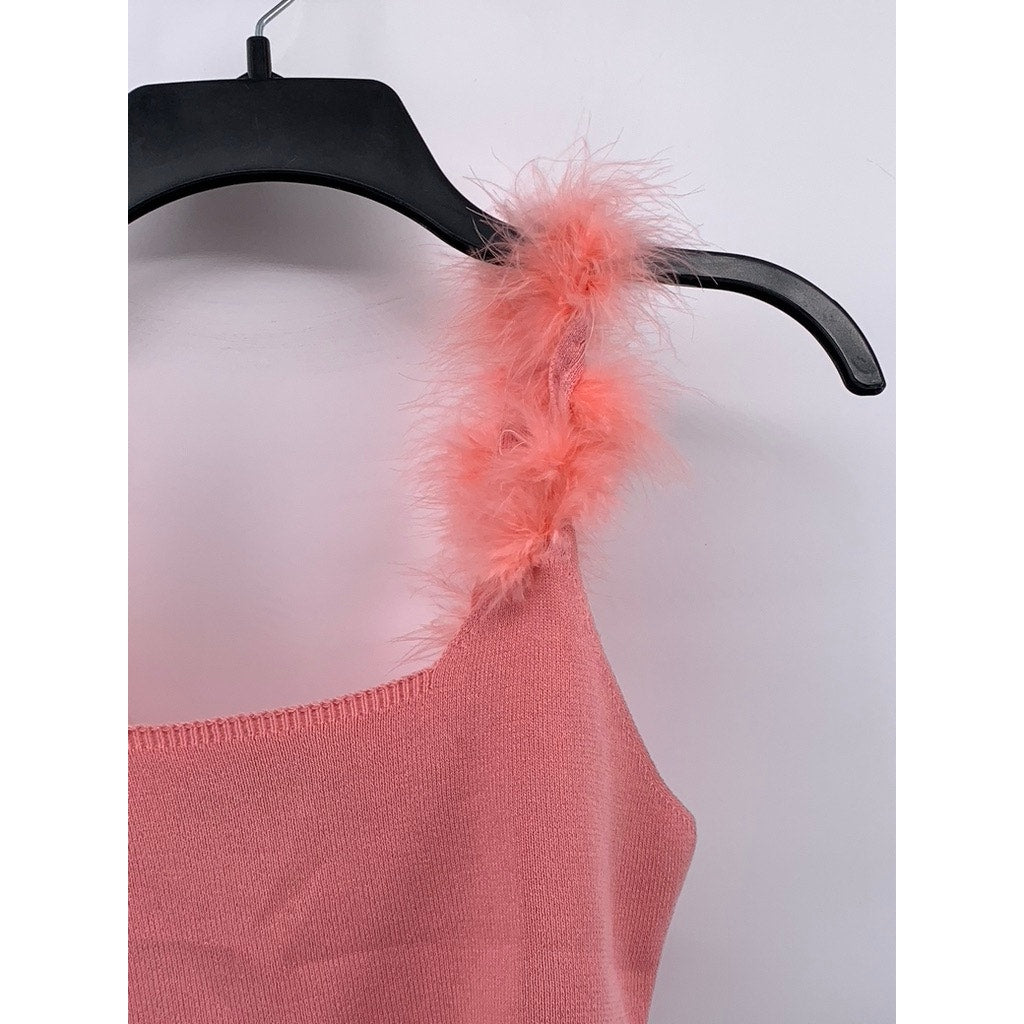 CIDER Women's Light Pink Fuzzy Strap Square-Neck Cropped Tank Top SZ L(8)