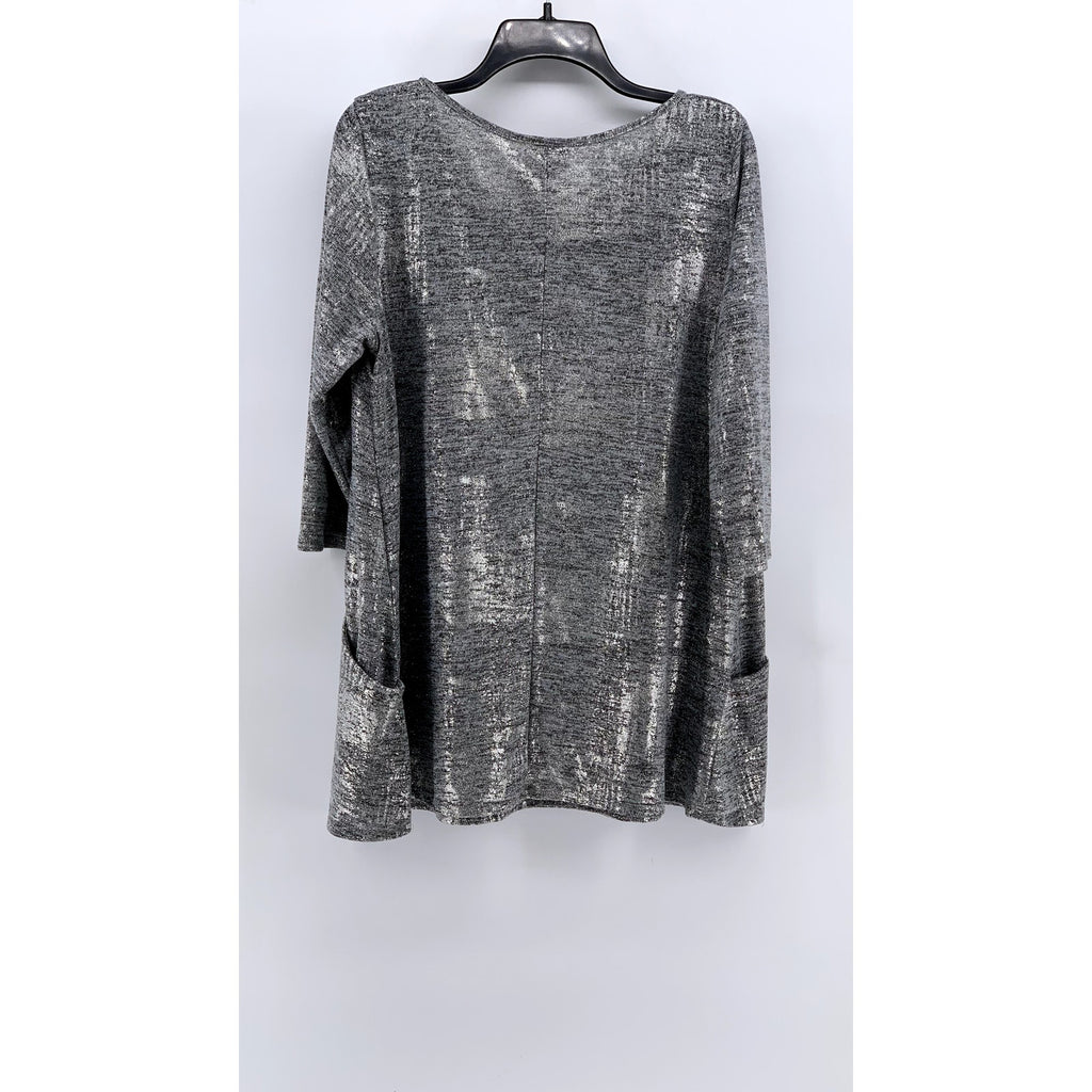 OLIVIA BLU Women's Plus Gray Metallic Scoop-Neck 3/4 Sleeve Top SZ 1X