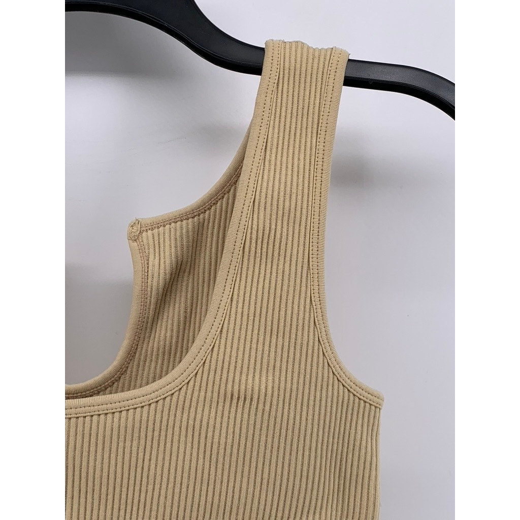 UNBRANDED Women's Tan Split Neck Ribbed Crop Top SZ S