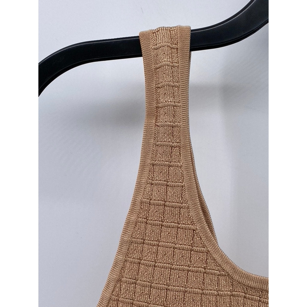 BABATON Women's Tan Sculpt Knit Button-Front Straight-Neck Cropped Tank Top SZ M