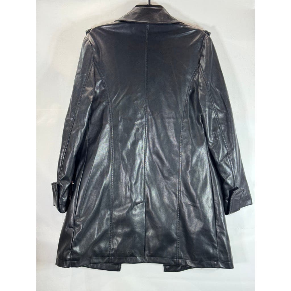 BAGATELLE Women's Black Faux Leather Grunge Chic Open Front Trench Coat SZ S