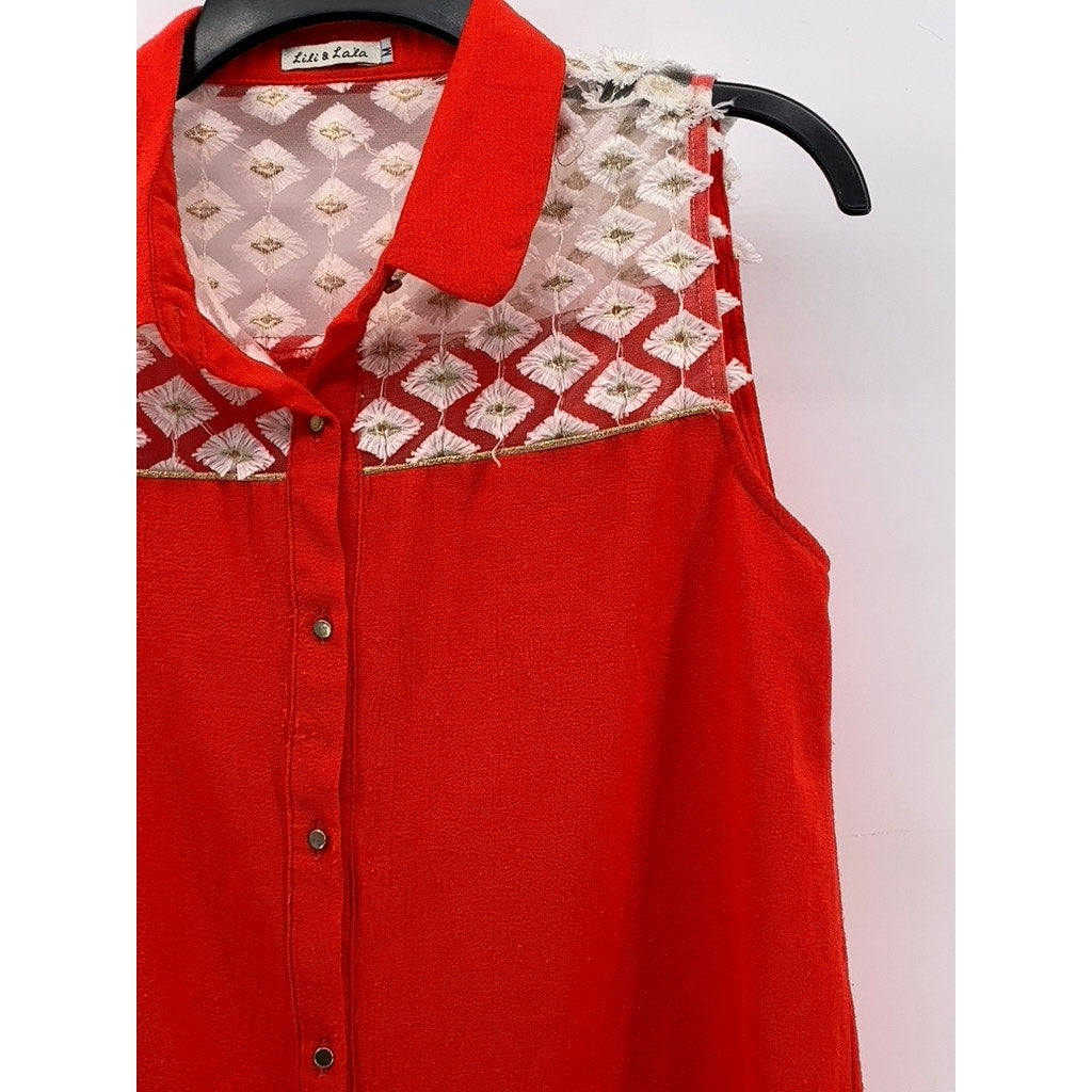LILI & LALA Women's Orange-White Embroidered Mesh Sleeveless Button-Up Top SZ M