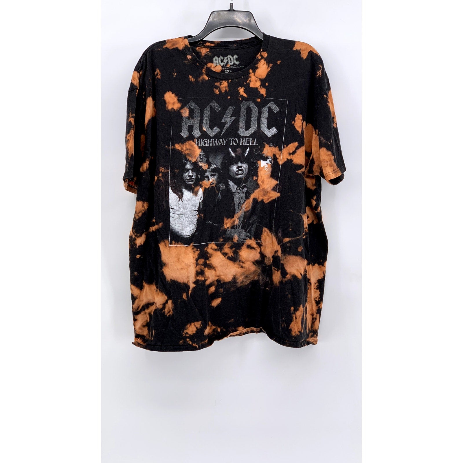 ACDC Men's Black-Orange Bleached Highway To Hell Graphic T-Shirt SZ 2XL