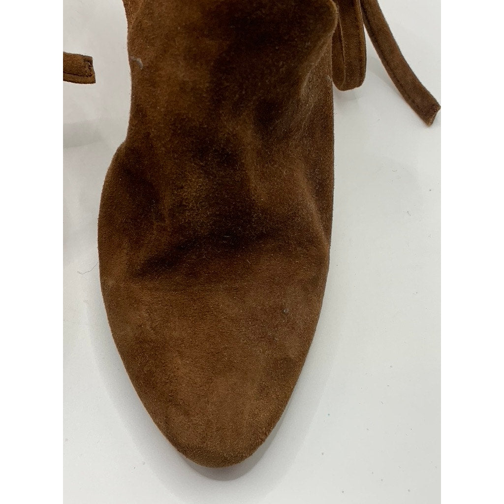 AQUAZZURA Women's Dark Brown Suede Leather Round-Tie Stiletto Heels SZ 40(US10)