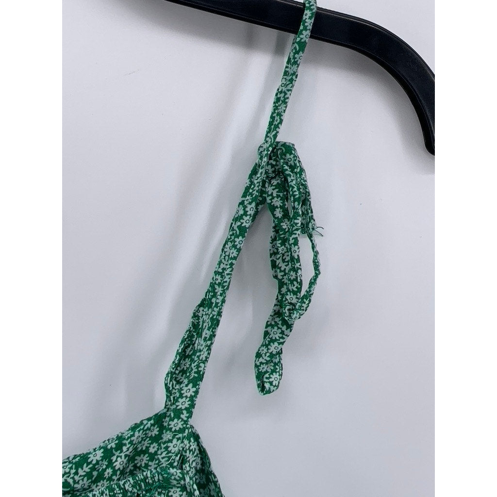 SHEIN Women's Green Ditsy Floral Smocked Tie Spaghetti Strap Cropped Top SZ M