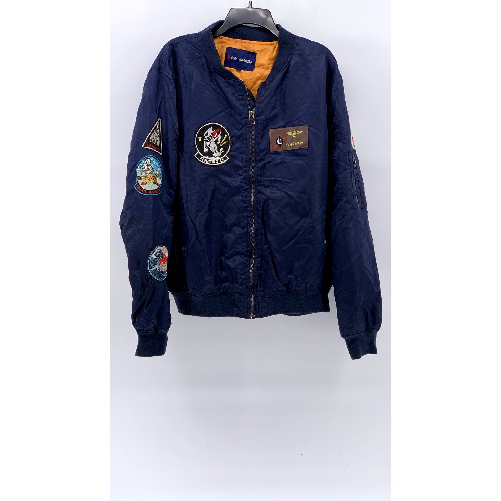 NEO-WOWS Men's Navy Vintage Patchwork Zip-Up Bomber Jacket SZ L