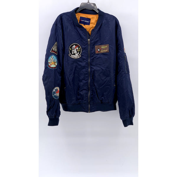 NEO-WOWS Men's Navy Vintage Patchwork Zip-Up Bomber Jacket SZ L