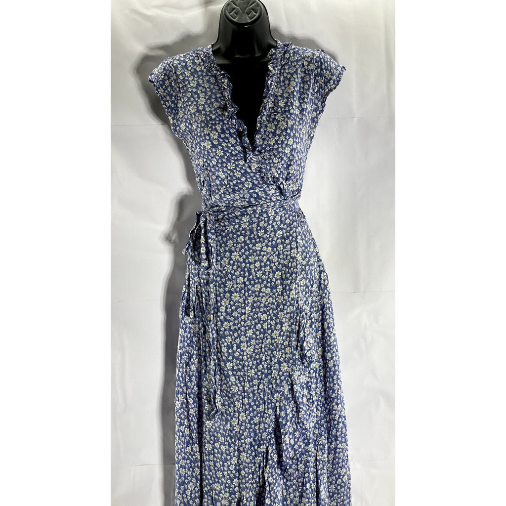 WALKER & WADE Women's Blue Floral Ruffle-Trim V-Neck Wrap Midi Dress SZ XS