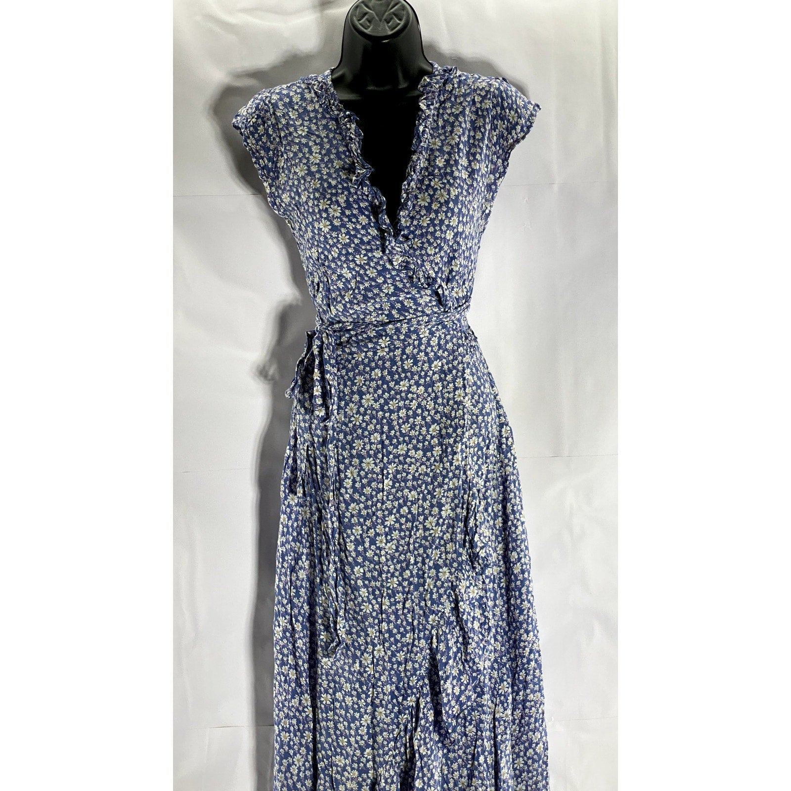WALKER & WADE Women's Blue Floral Ruffle-Trim V-Neck Wrap Midi Dress SZ XS