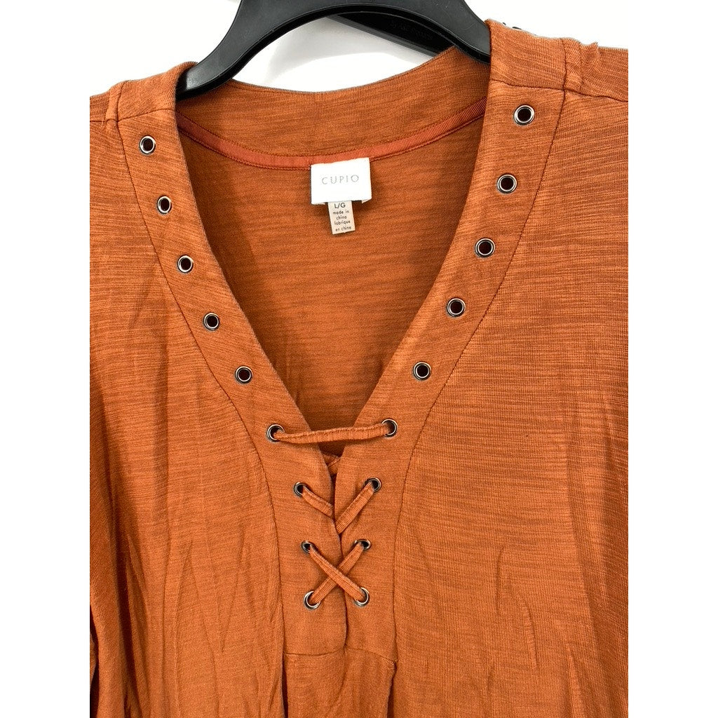CUPIO Women's Rust Lace-Up V-Neck Long Sleeve Top SZX L