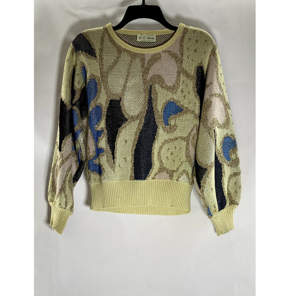 J.T Martin Women's Vintage Tan/Black/Blue Printed Crewneck Knit Sweater SZ 14