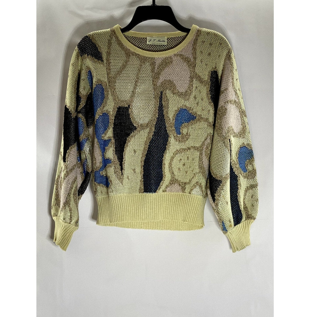 J.T Martin Women's Vintage Tan/Black/Blue Printed Crewneck Knit Sweater SZ 14