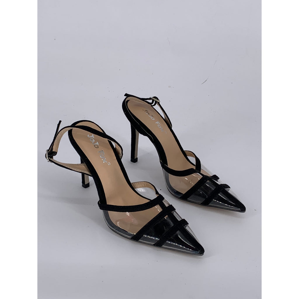 JOJO FOX Women's Black-Clear Pointed-Toe Ankle-Strap Stiletto Pumps SZ 6