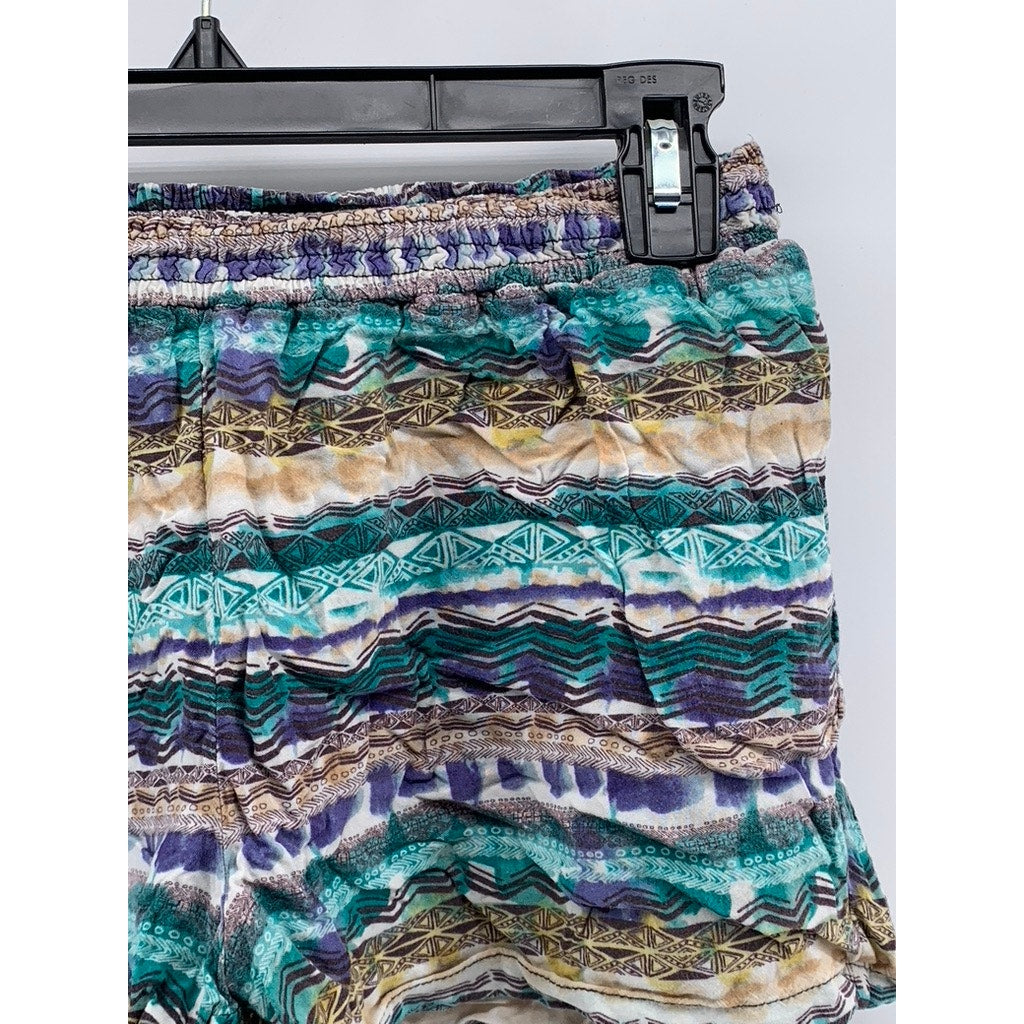 ONE CLOTHING Women's Blue-Brown Printed Elastic Waist Pull-On Shorts SZ XS