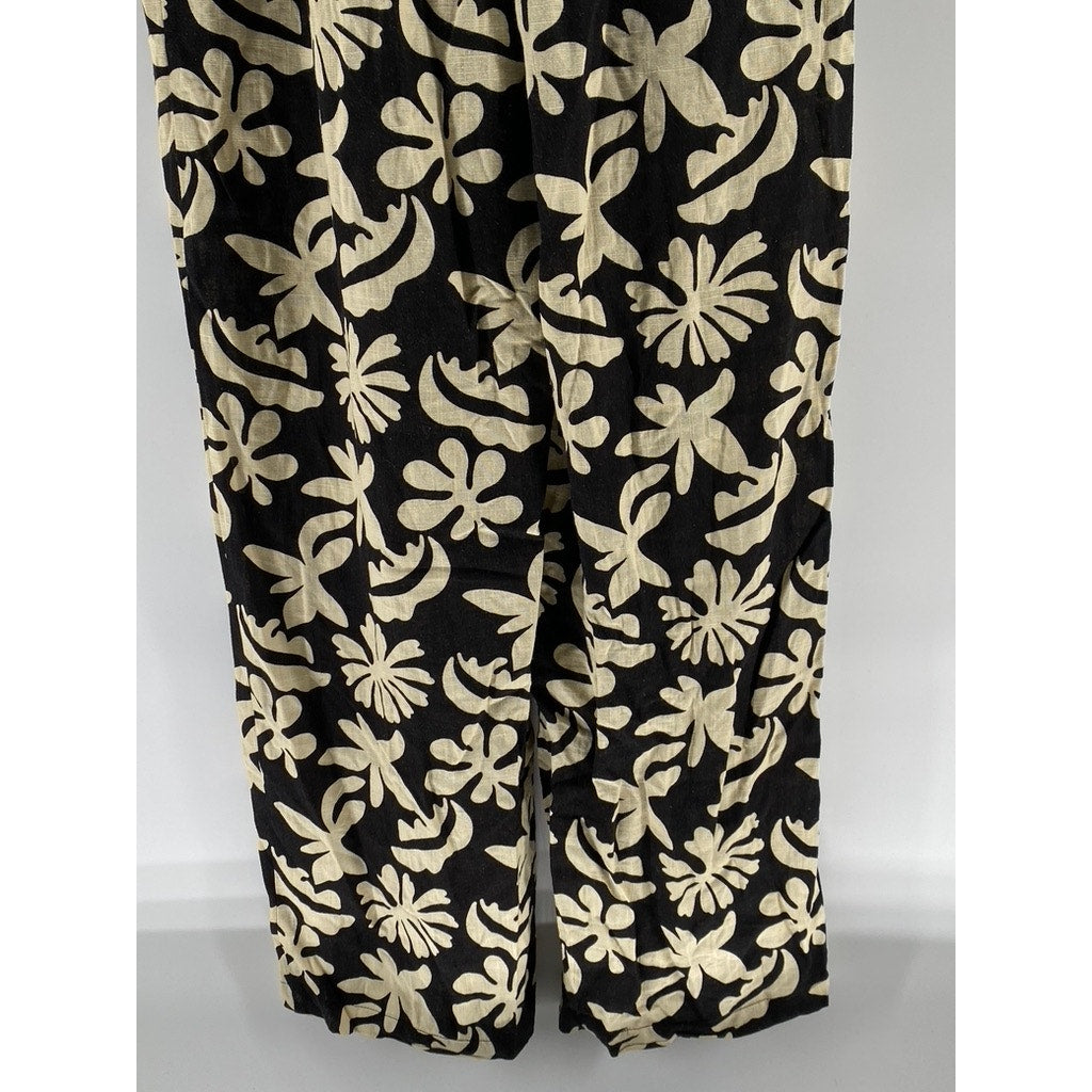 LOST & WONDER Women's Black-Beige Tropic Flair Printed Crewneck Jumpsuit SZ L