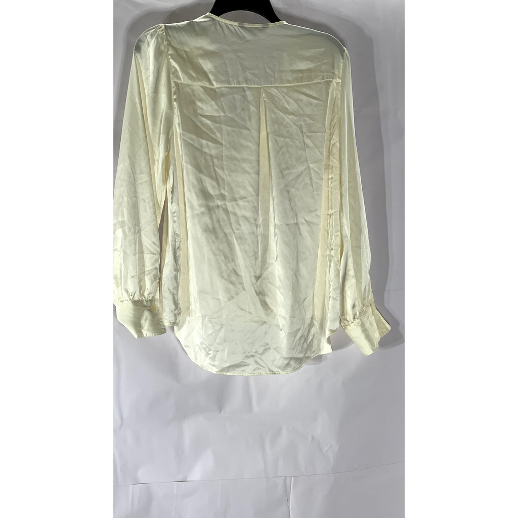 BANANA REPUBLIC Women's Cream Satin Faux Wrap Long Sleeve Hi-Low Top SZ L