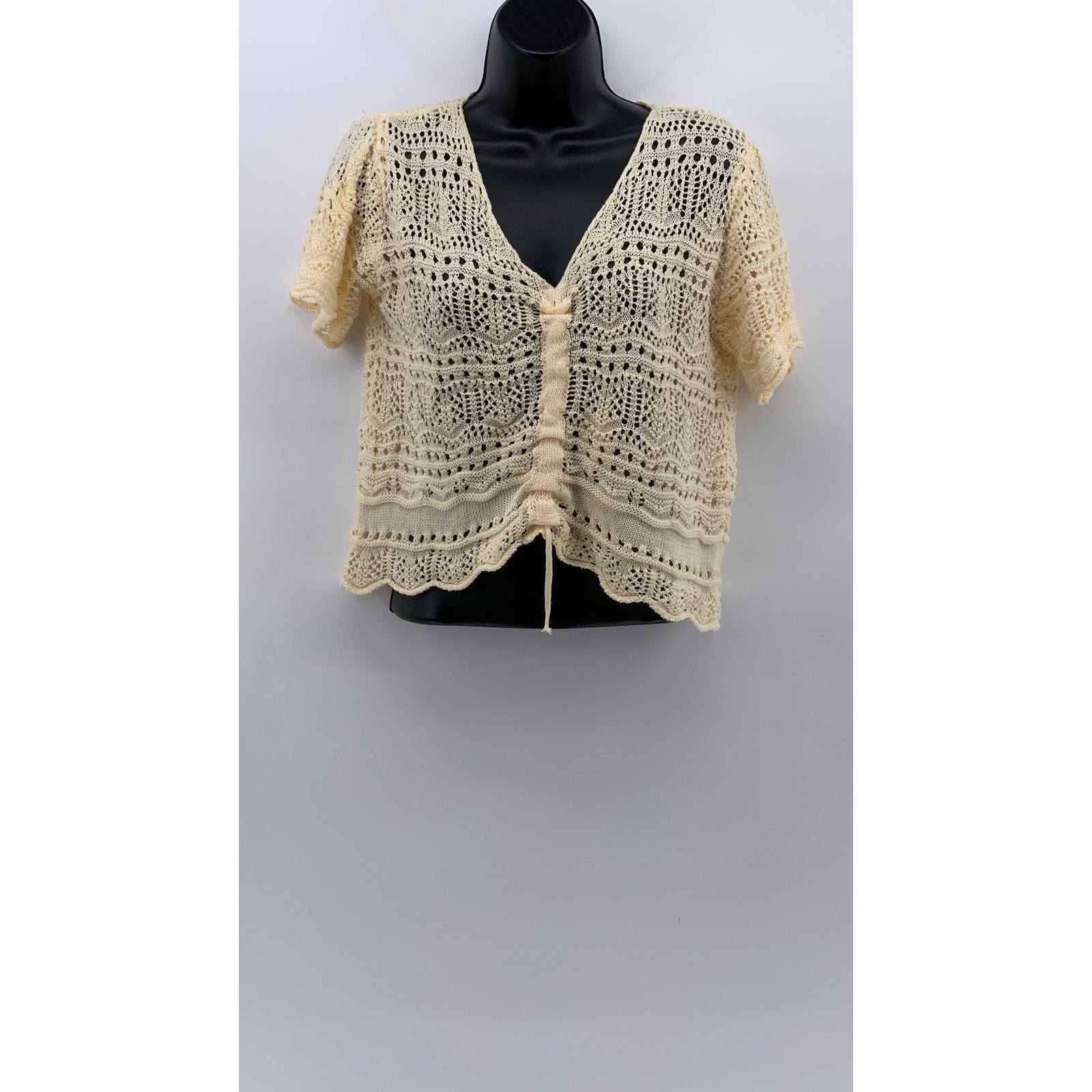 UNBRANDED Women's Cream Crochet Knit V-Neck Short Sleeve Cinch Relaxed Top SZ S