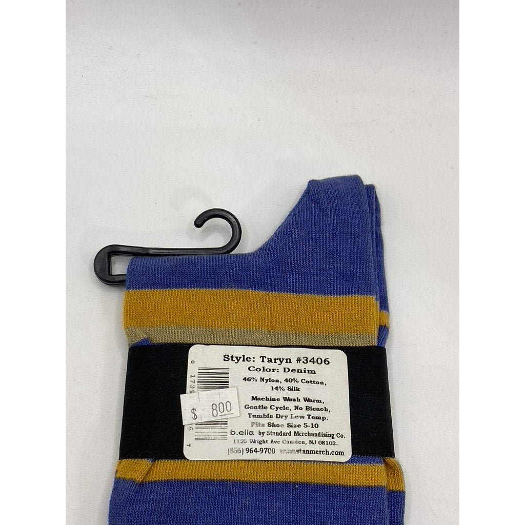 B.ELLA Women's Denim Blue-Gold Striped Knit Cotton-Blend Taryn Crew Socks SZ OS