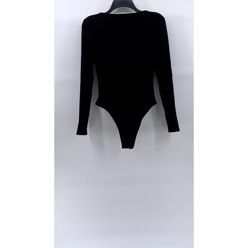 SHEIN Women's Black Ribbed Straight-Neck Long Sleeve Bodysuit SZ 6