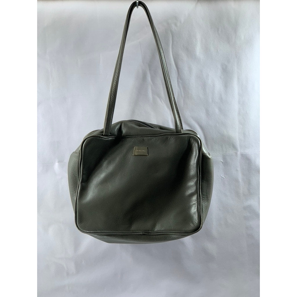 PERLINA NEW YORK Women's Gray Leather Round Satchel Messenger Bag