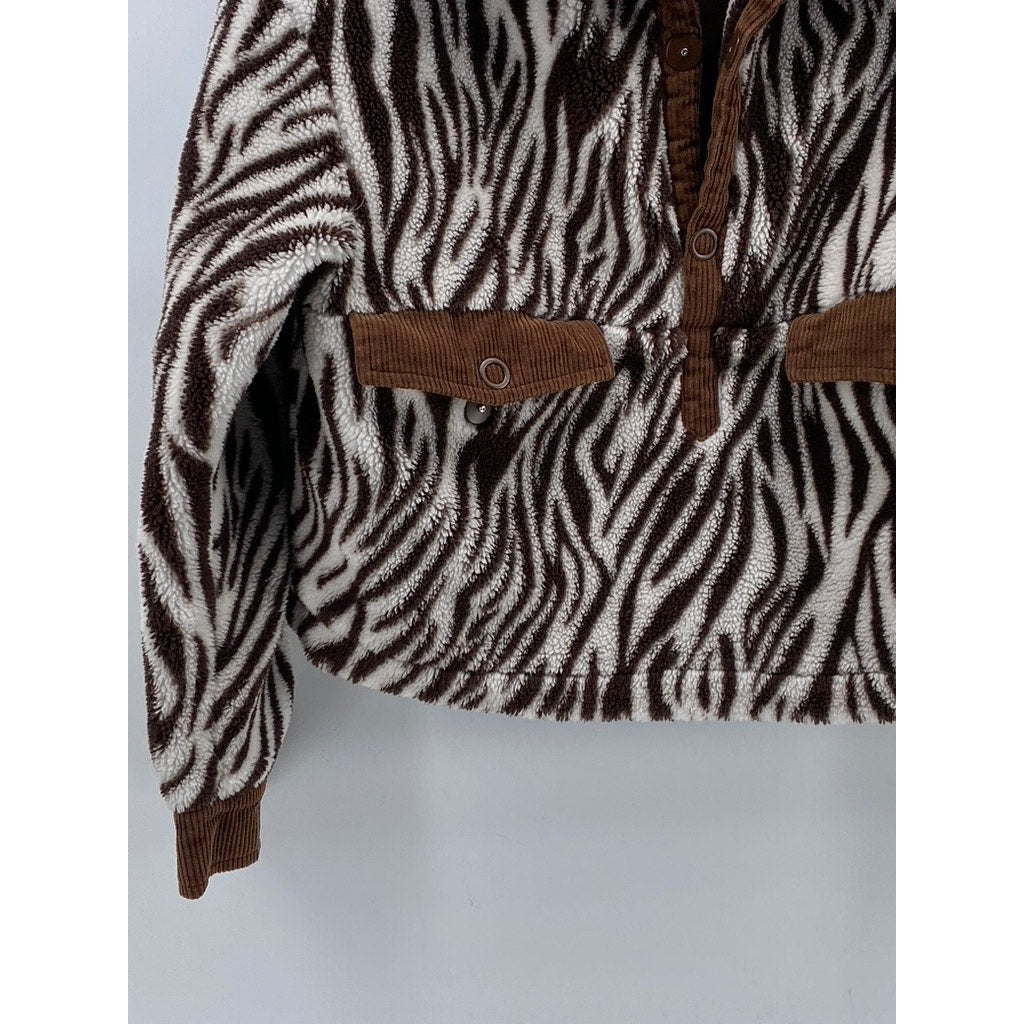 HOUSE OF SUNNY Women’s Brown-Cream Zebra Print Half-Button Teddy Sweater SZ 4