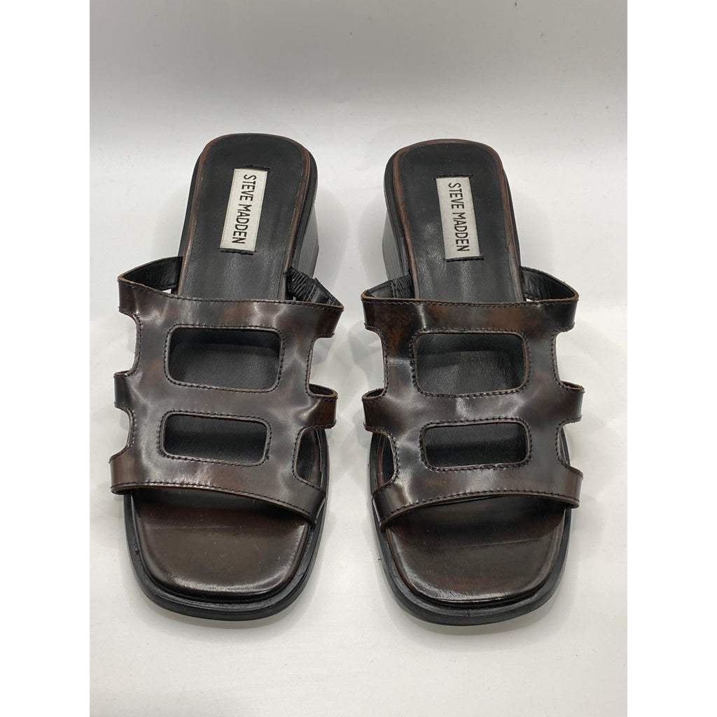 STEVE MADDEN Women's Brown Leather Square-Toe Block-Heel Slide Sandals SZ 7