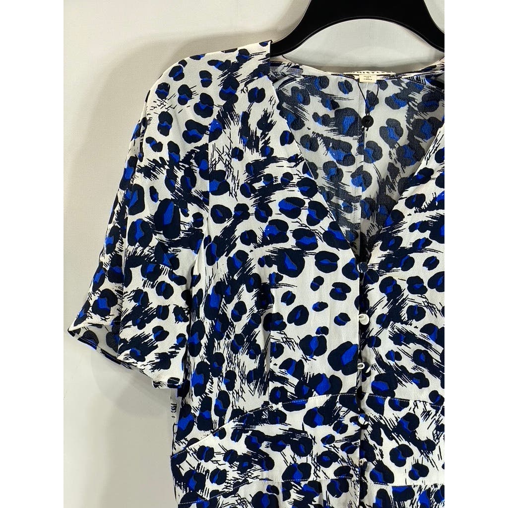 WHISTLES Women's Blue Brushed Leopard Button V-Neck Short Sleeve Dress SZ 8