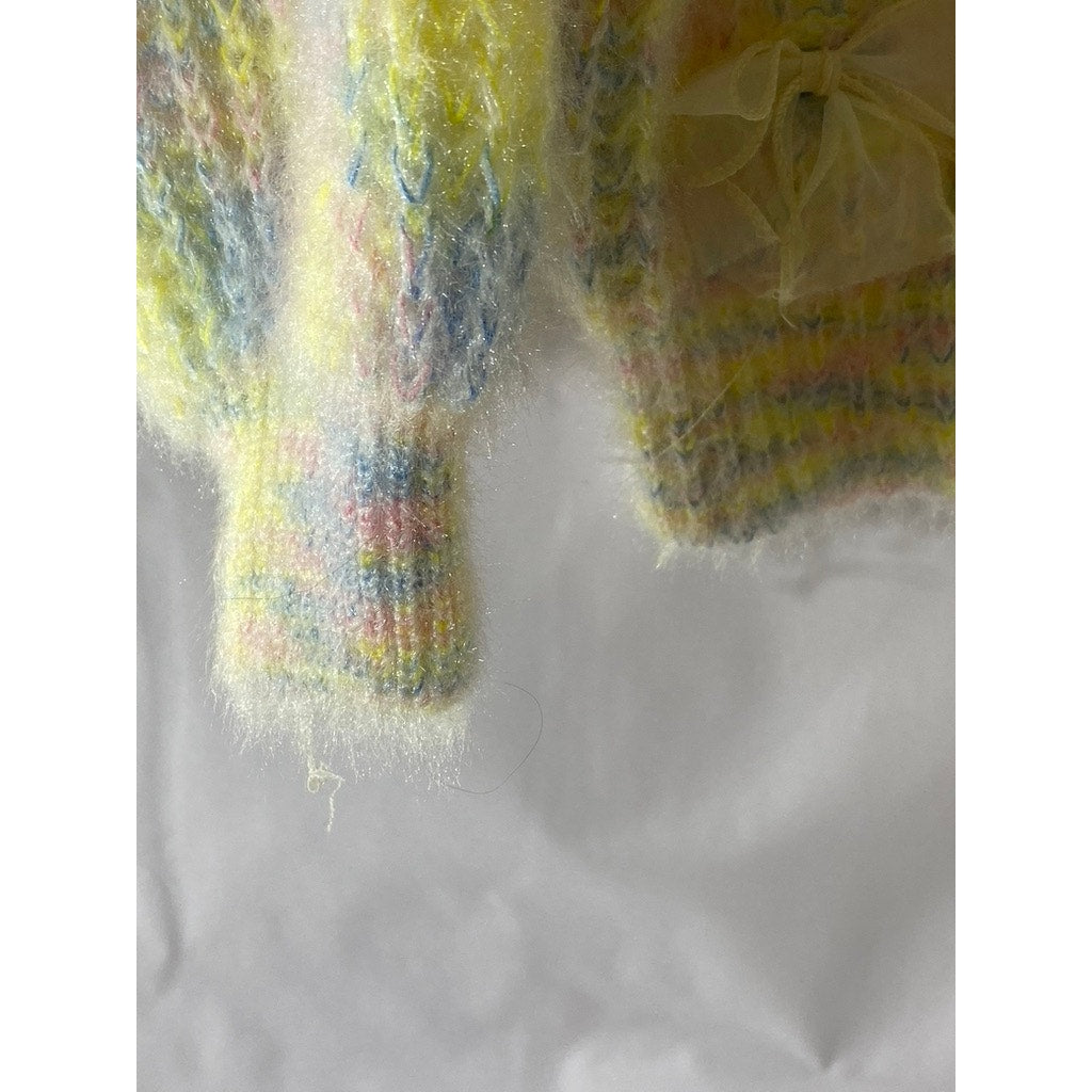 UNBRANDED Women's Blue-Yellow-Pink Crewneck Crochet Knit 3D Bow Sweater SZ M