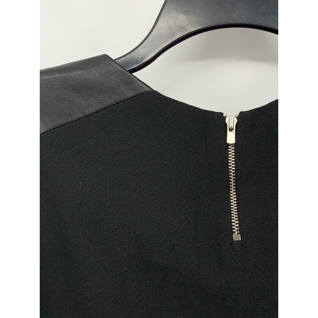MAJE Women's Black Faux Leather Crewneck Short Sleeve Sheath Dress SZ 3