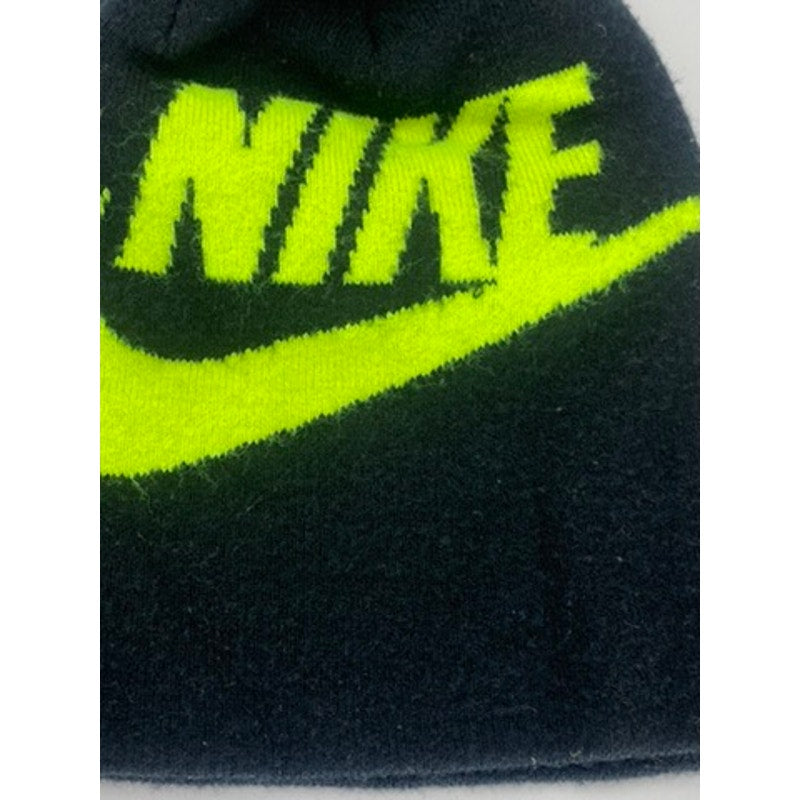 NIKE Youth Black/Neon Green Swoosh Logo Pom-Pom Knit Beanie Hat SZ OS
