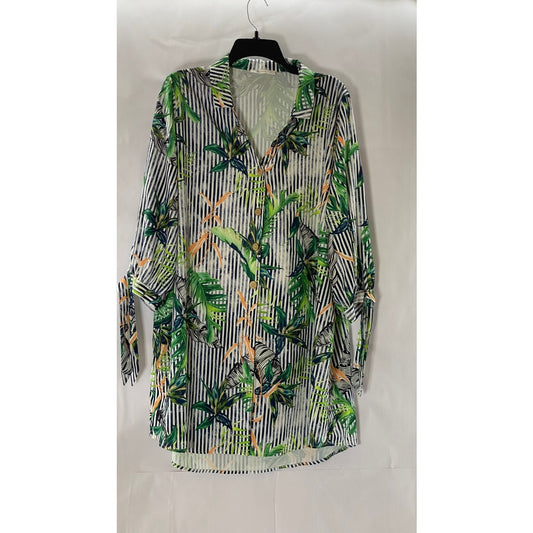 CUPSHE Women's White Striped Hawaiian Tropical Tie-Sleeve Cover-Up Dress SZ L