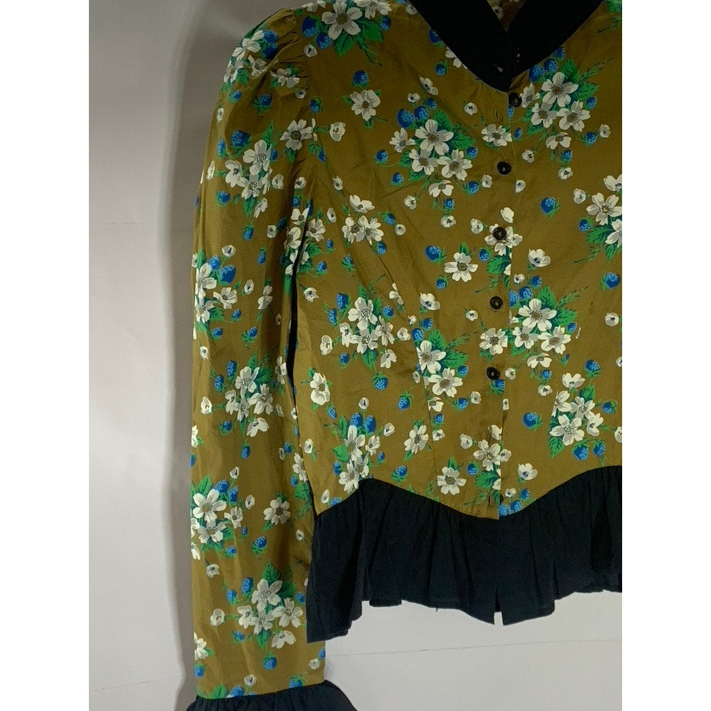 UNBRANDED Women's Green Floral Ruffle Button-Up Long Sleeve Top SZ S