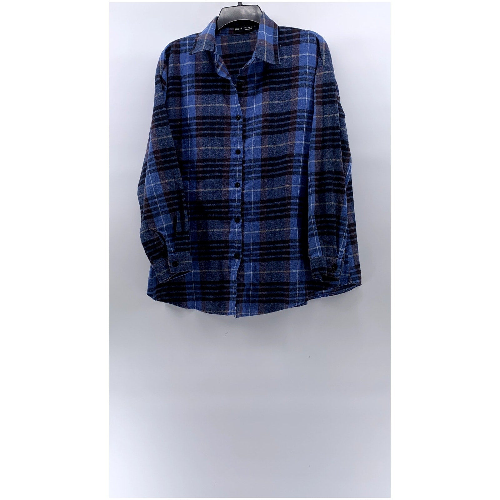 SHEIN Women's Blue-Black Plaid Oversized-Fit Button-Up Long Sleeve Top SZ 4