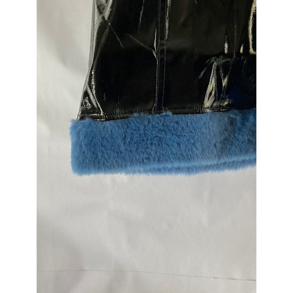 UNBRANDED Women's Black-Blue Faux Patent Leather Faux-Fur Trim Mini Skirt SZ S