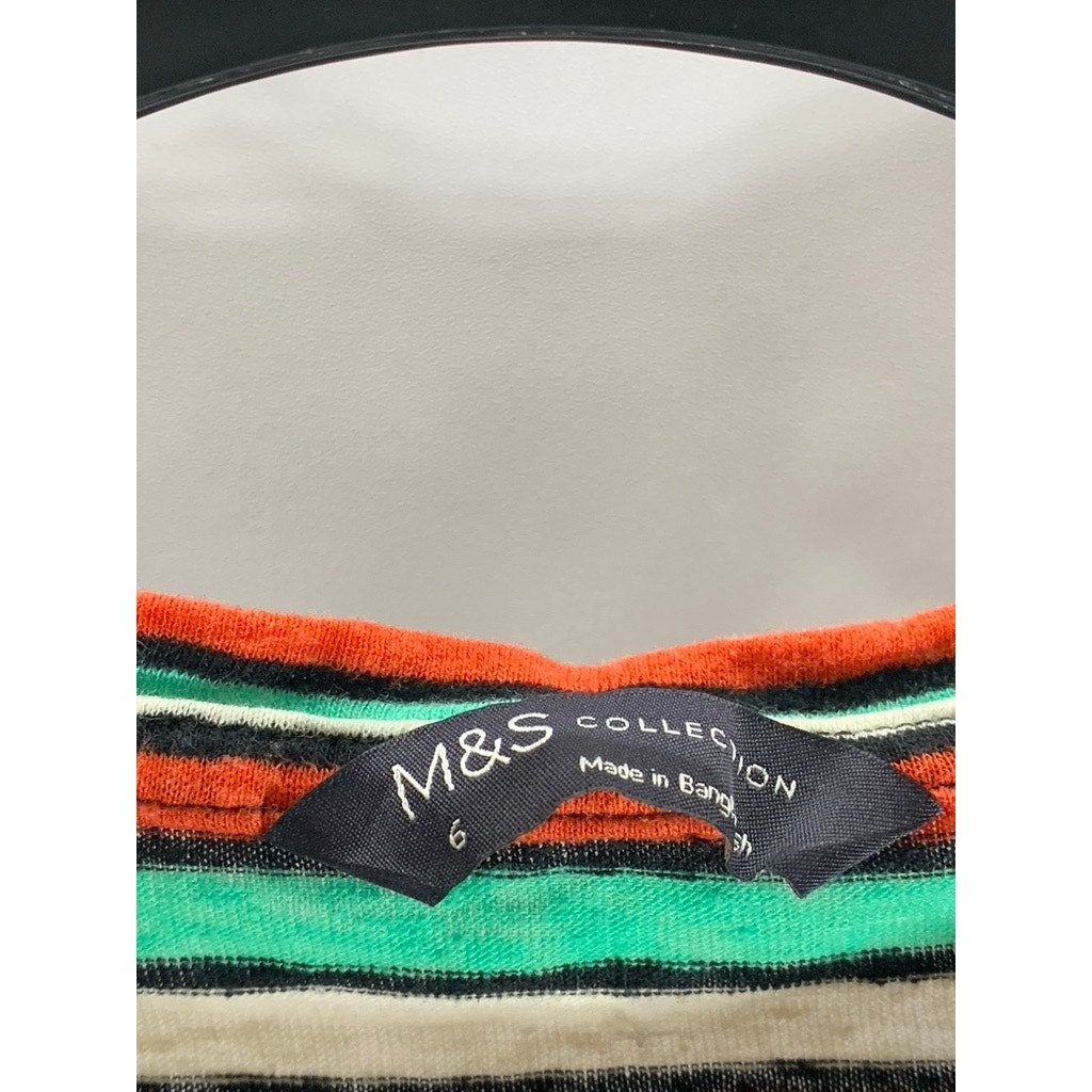 M&S COLLECTION Women's Red/White/Green Striped Crewneck Short Sleeve Top SZ 2