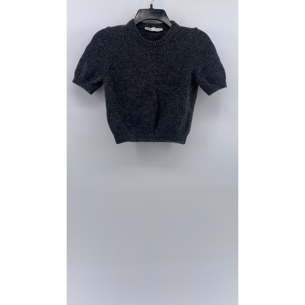 ZARA Women's Heather Gray Knit Crewneck Short Sleeve Cropped Sweater Top SZ S