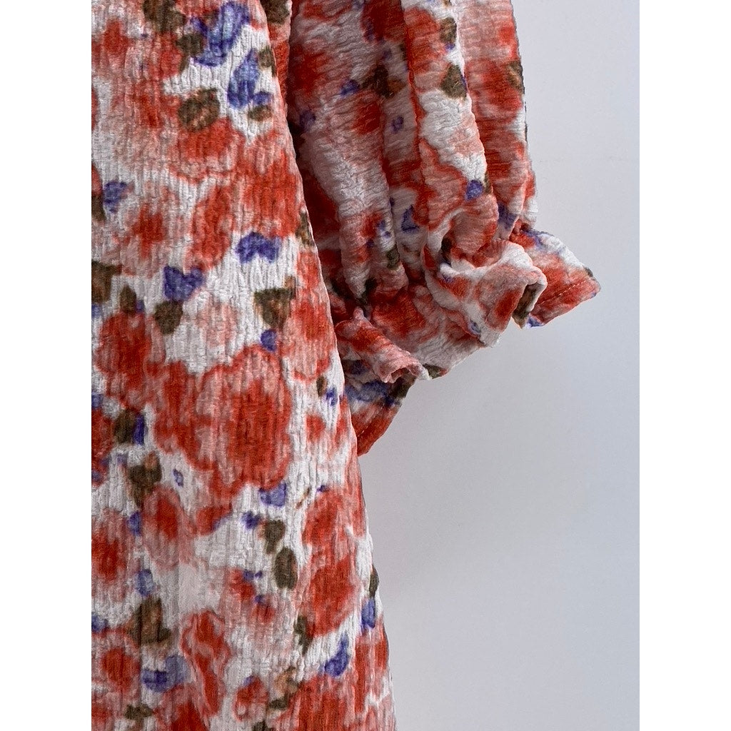 UNBRANDED Women's White-Orange Floral Short Ruffle Sleeve Top SZ 2XL
