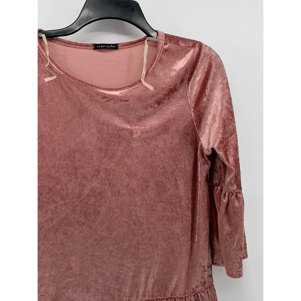 SWEET CLAIRE Women's Pink Velvet Ruffle Top SZ M