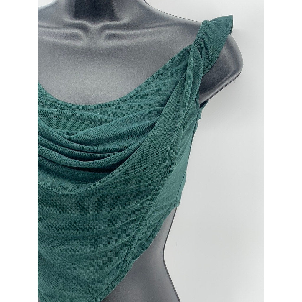 PRETTYLITTLETHING Women's Dark Green Drapey Scoop-Neck Ruffle Corset Top SZ 4