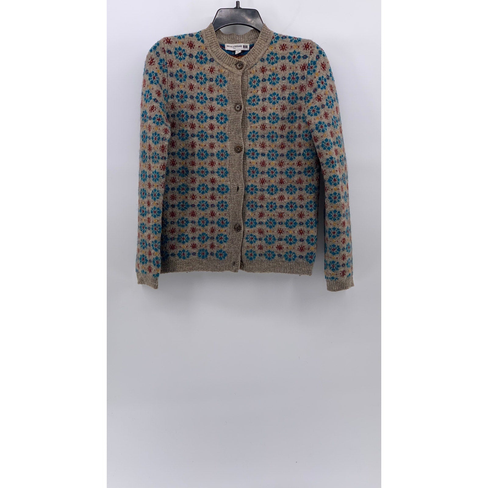UNIQLO Ines De La Fressange Women's Beige-Blue Jacquard Button-Up Cardigan SZ S
