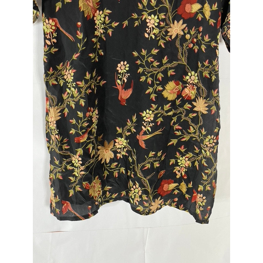 UNBRANDED Women's Black Embroidered Floral Print V-Neck Silk Mini Dress SZ M