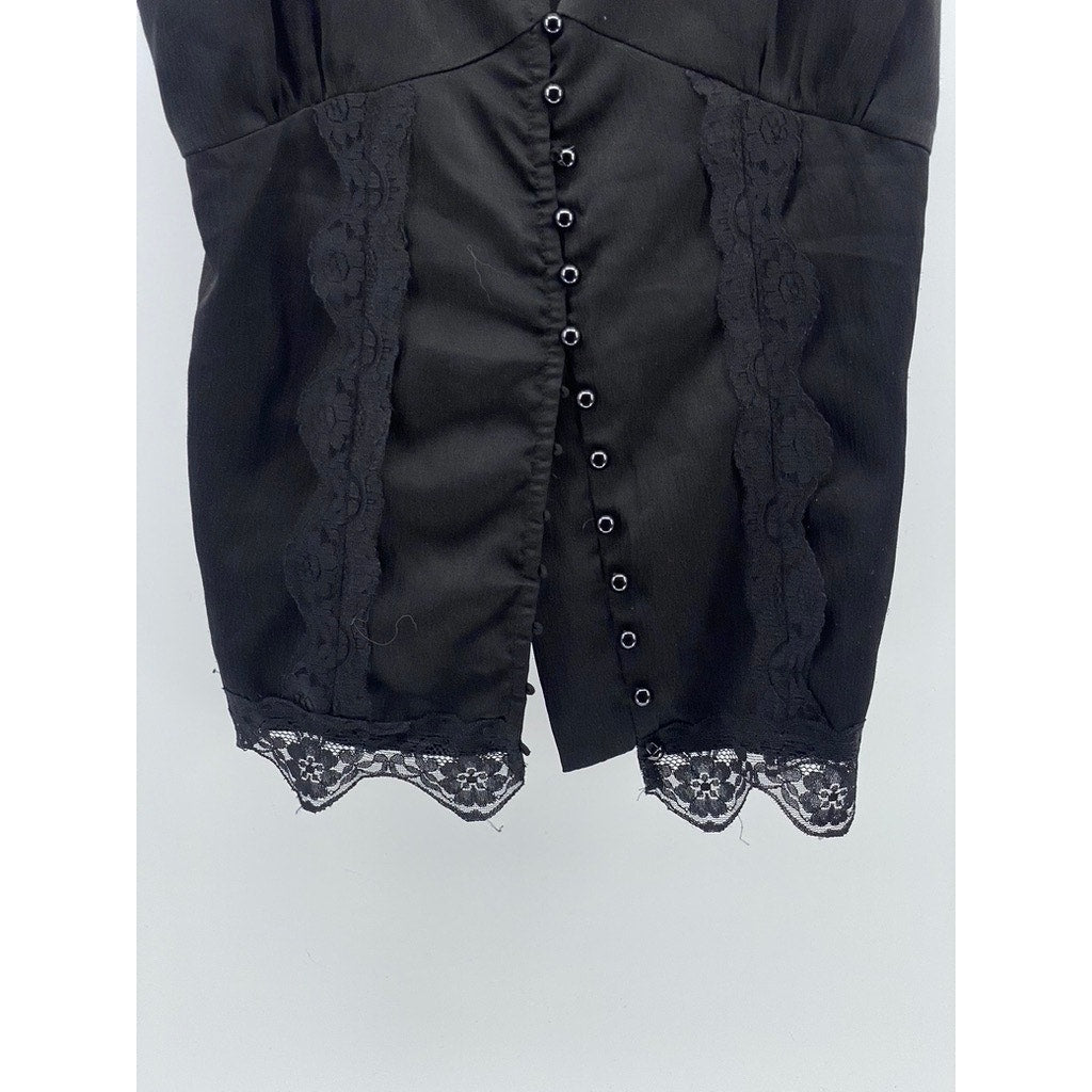 MISS XU Women's Black Lace-Trim V-Neck Button-Up Tank Top SZ S
