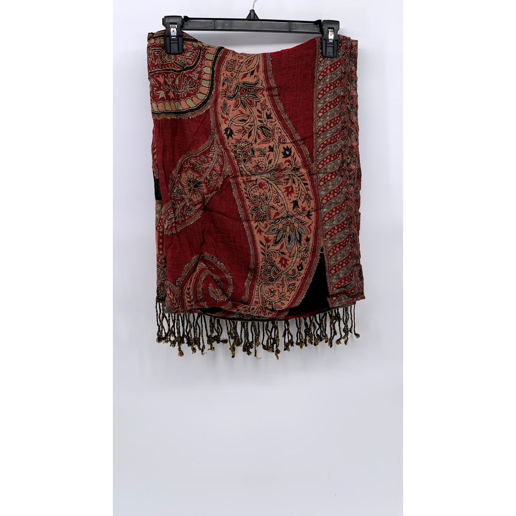 UNBRANDED Women's Brown-Orange Paisley Fringe Knit Shawl